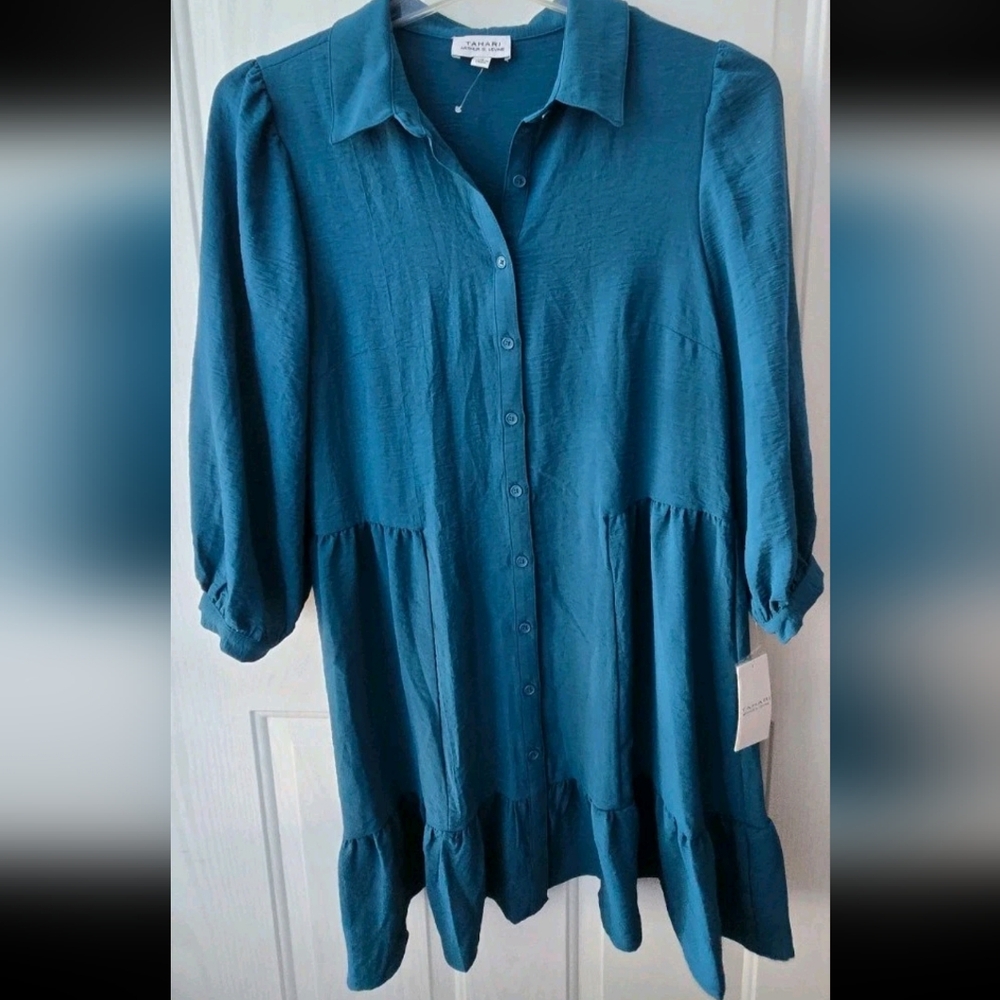 Tahari Teal Breeze Babydoll Blouse Flowy Button Front Tiered Tunic Sz 10